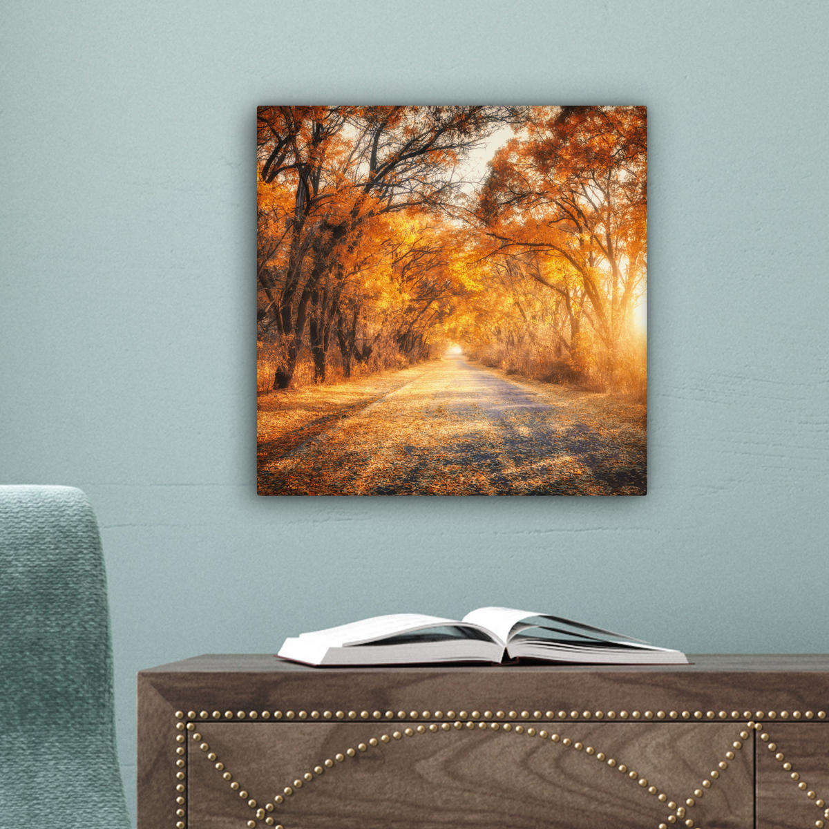 LEINWANDBILD Wald - Herbst - Bäume - Waldweg - Natur 20x20 cm - Bernsteinfarben, Textil (20/20cm) - MuchoWow