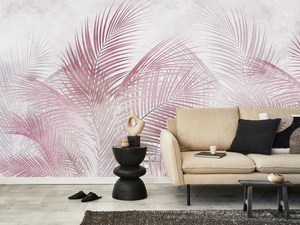 FOTOTAPETE für Schlafzimmer Rosa Palmenblätter Fein Vintage Pastell 350x256 - Violett/Rosa, Papier (350/256cm) - Muralo