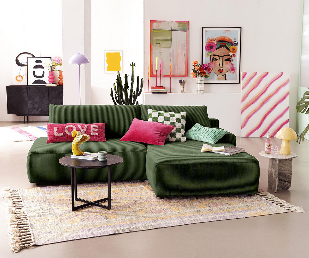 ECKSOFA mit Schlaffunktion - Longchair - Schwarz/Grün, Kunststoff/Textil (253/167cm) - home24