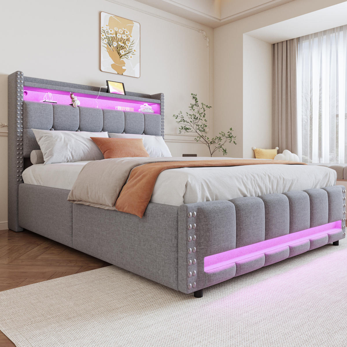 ČALÚNENÁ posteľ z ľanovej látky 140x200 cm svetlosivá s LED osvetlením, USB portom a úložným priestorom - svetlosivá, textil (140/200cm) - Modfu