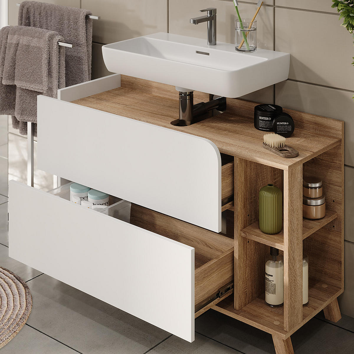 BADMÖBEL-SET Karen Sonoma/Weiß 3 Teile - Weiß/Sonoma Eiche, Holzwerkstoff (100/65/35cm) - Vicco