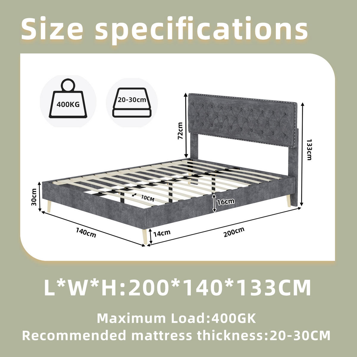 POLSTERBETT 140/200 cm mit Matratze, hohem Kopfteil, Stauraum unter dem Bett und Holzlattenrost, Grau - Grau, Textil (140/200cm) - Redom