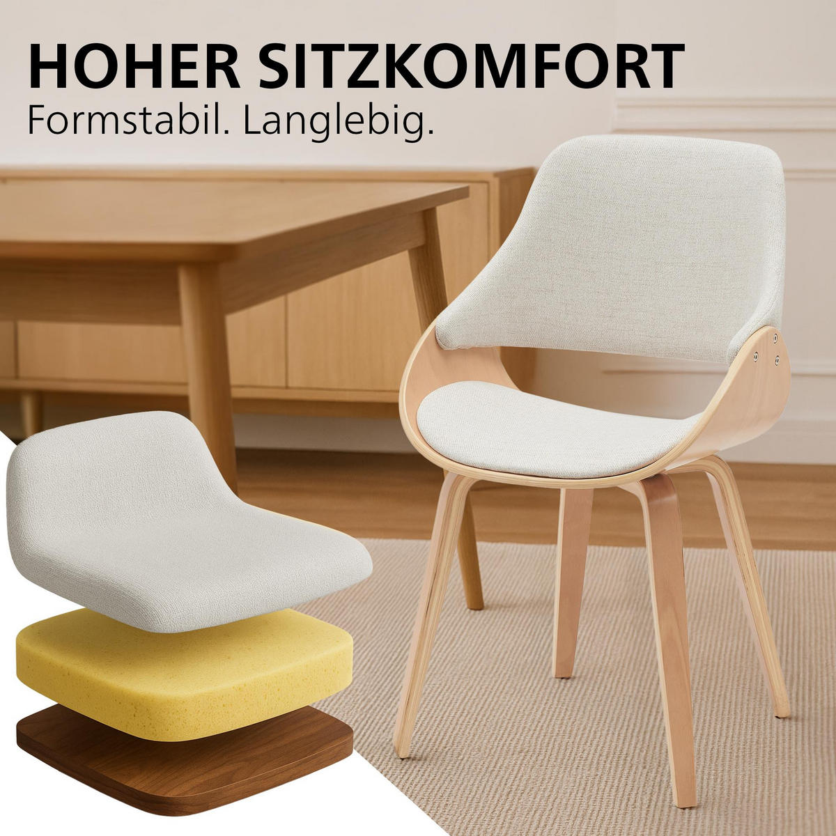 ESSZIMMERSTUHL 2er Set Stoff Natura/Creme - Eukalyptusholzfarben/Walnussfarben, Holz/Textil (52/86/54cm) - CLP