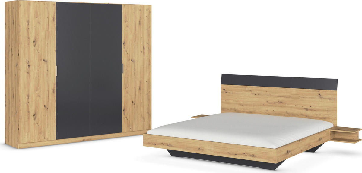 SCHLAFZIMMER Monza in Eiche Artisan und Grau Metallic mit Bettanlage 180x200cm, 2 Nachttischen und Drehtürenkleiderschrank 4türig ohne Spiegel - Braun, Holzwerkstoff (80/200/120cm)