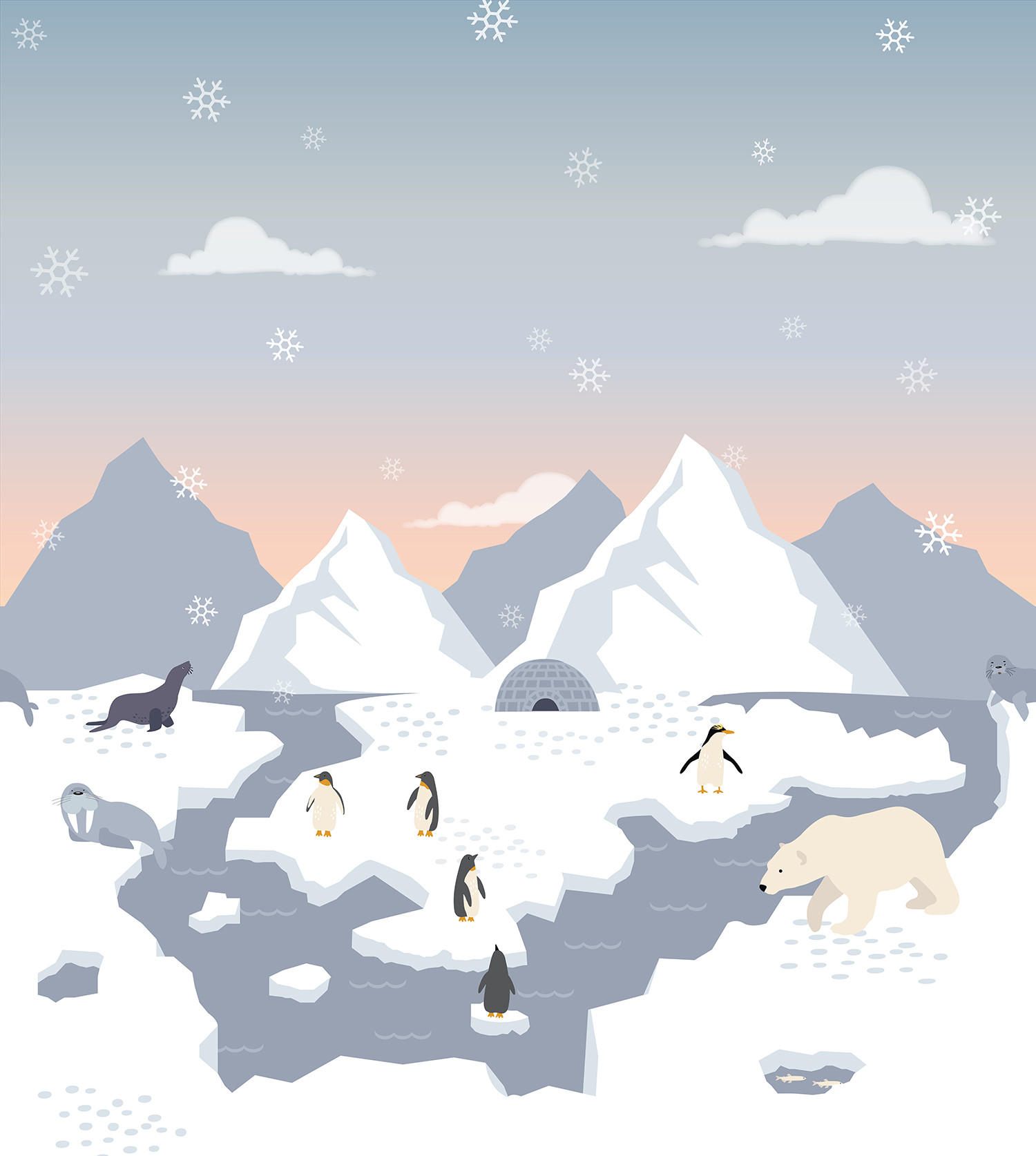 FOTOTAPETE Eisbären, Pinguine und Robben im Schnee 250 x 279 cm - Blau, Papier (250/279cm) - ESTAhome
