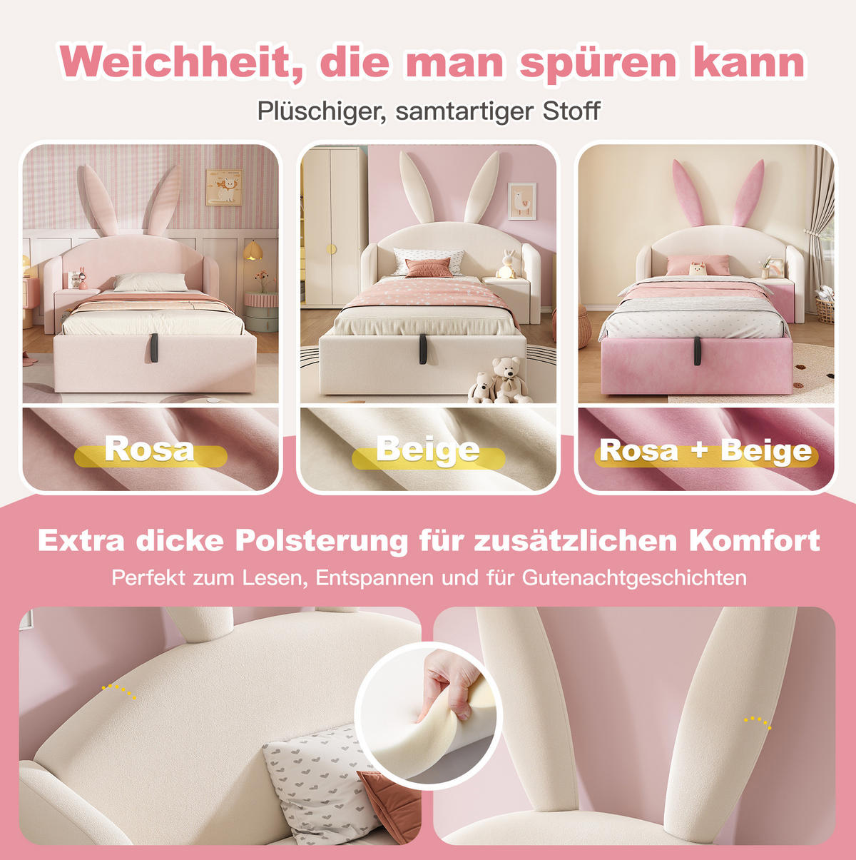 JUGENDBETT 90/200 cm aus Samt, Holz und Metall mit Bettkasten und Nachttisch Beige - Beige, Textil (90/200cm) - Modenvie
