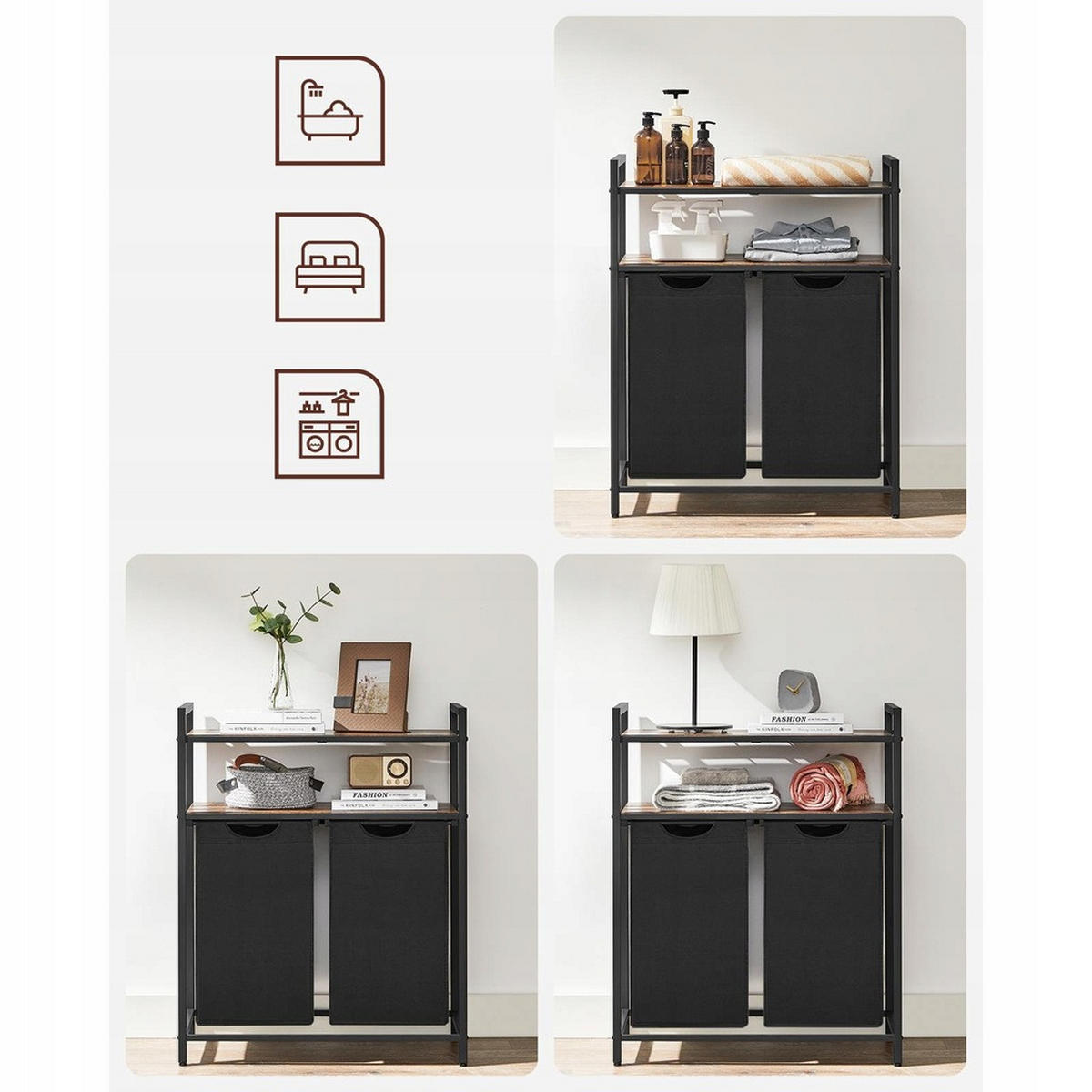 WÄSCHEKORB – 2 Fächer - Schwarz/Braun, Holz/Textil (73/91/33cm) - Matkam Möbel