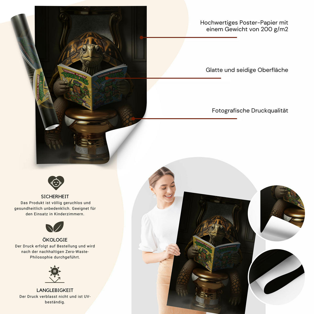 POSTER für Badezimmer WC SCHILDKRÖTE mit Comicbuch auf Toilette Abstraktion 50x70cm - Gelb/Orange, Papier (50/70/70cm) - Muralo