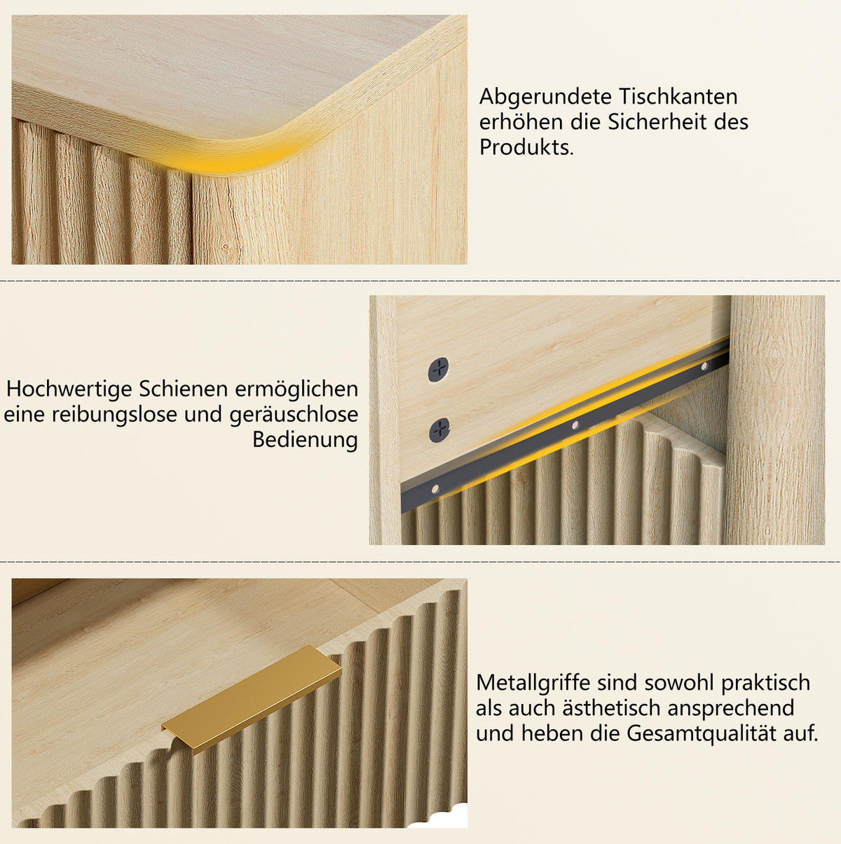 NACHTTISCH aus MDF 38x58x64 cm Eiche mit 3 Schubladen, Rillenfront und gedämpften Metallschienen - Nussbaumfarben, Holzwerkstoff (58/64/38cm) - Modfu