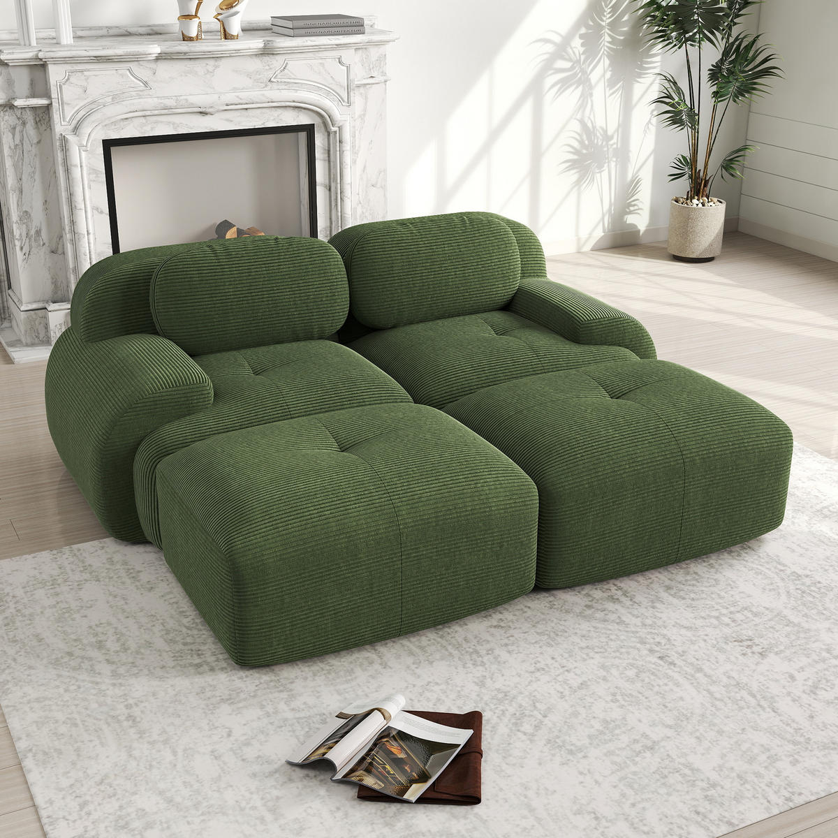 2-SITZER-SOFA aus Cord 208x178x75 cm mit ergonomischen Armlehnen und Chaiselongue, grün - Grün, Textil (178/75/208cm)