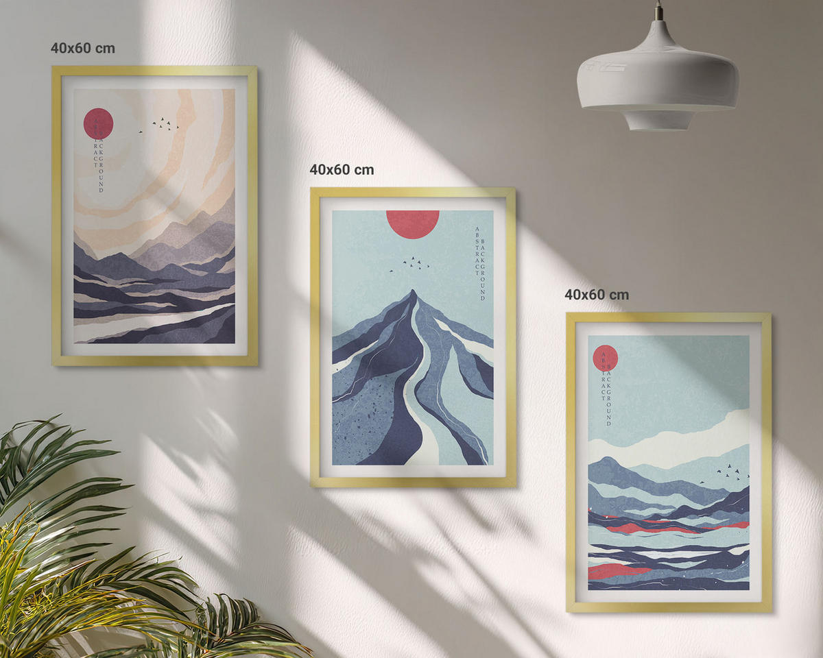 WANDBILDER 3er Set - 40x60 cm Goldrahmen - Abstrakte japanische Berge - Goldfarben, Kunststoff (40/60cm) - ArtPrintCave