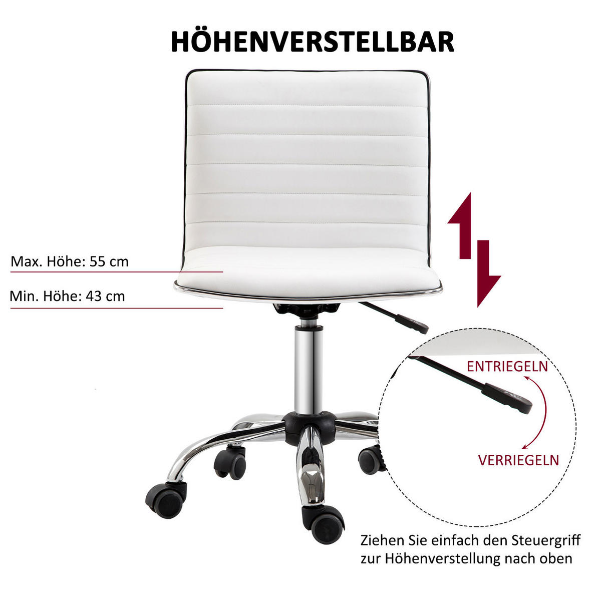 SALONSTUHL höhenverstellbar 48 x 52 x 78-90 cm Kunstleder White - Weiß, Metall (52/90/48cm) - Meubliv