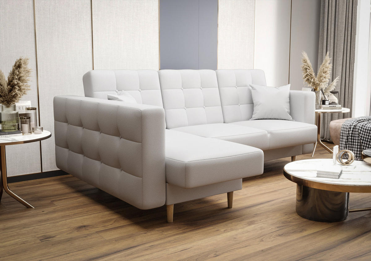 ECKSOFA KONGO RBN12, Eckcouch in L-Form mit Schlaffunktion, Farbe: Weiß, Kunstleder, Ottomane Links - Weiß, Textil (225/158cm) - O-Sofa