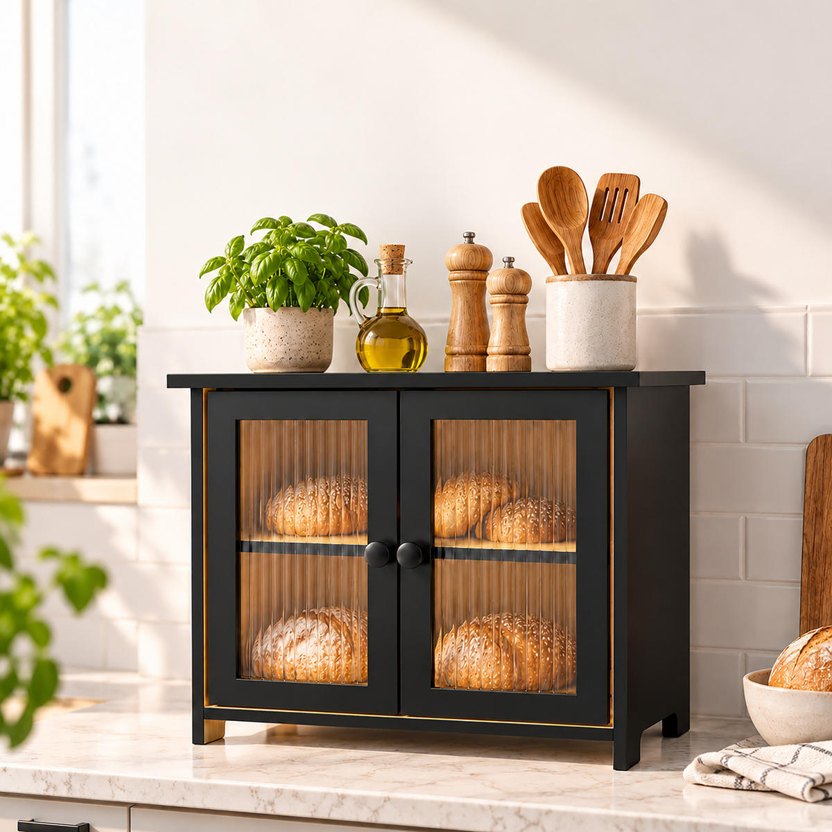 BROTKASTEN Schwarz Bambus 2 Etagen Sichtfenster - Schwarz, Holz/Kunststoff (36/34/22cm) - Relaxdays
