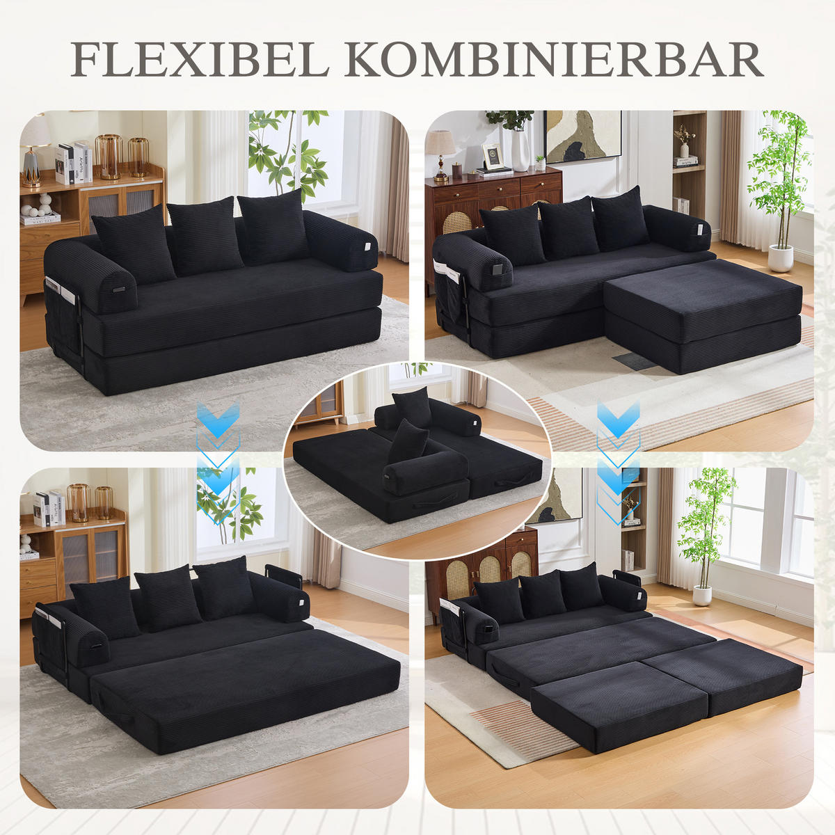 ECKSOFA aus Cord 200x190x67 cm Schwarz mit Hocker, Seitentasche und 3 Kissen - Schwarz, Textil (200/190cm) - Modfu