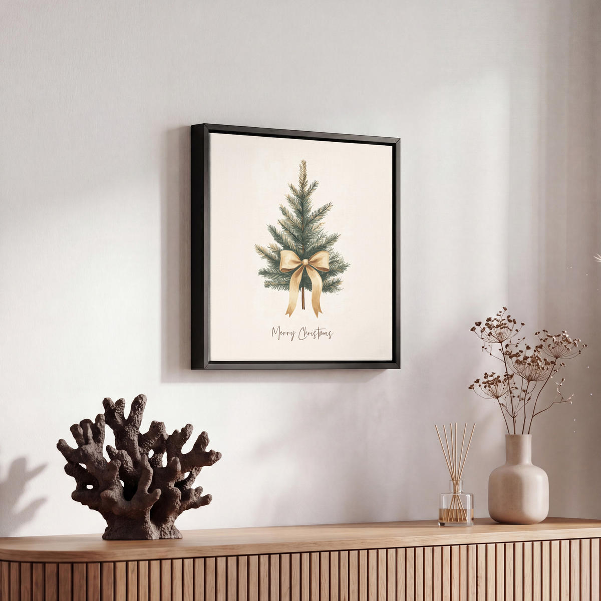 LEINWAND Bilder mit Rahmen - Weihnachtsbaum - Weihnachten - Frohe Weihnachten - Beige - 20x20 - Sandfarben, Textil (20/20cm) - MuchoWow