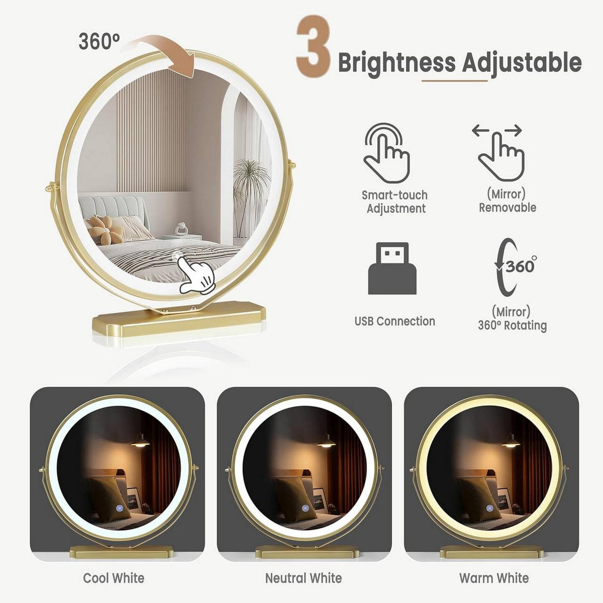 SCHMINKTISCH mit LED Beleuchtung Samthocker, 3 Schubladen - Goldfarben/Weiß, Holzwerkstoff/Metall (100/121.5/40cm) - Woltu