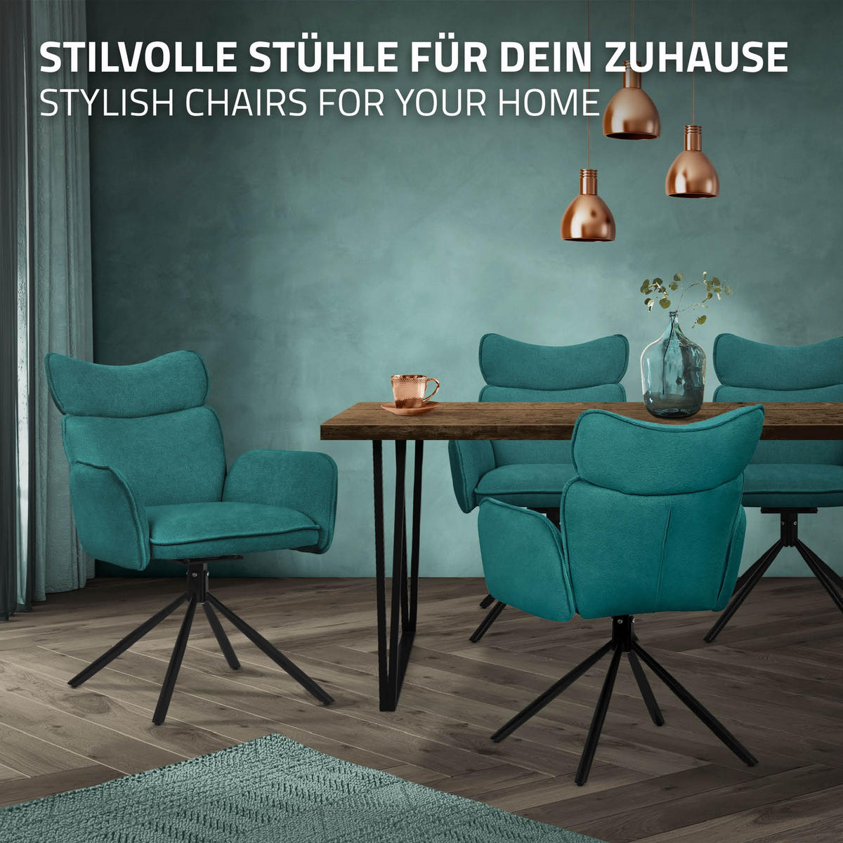 JÍDELNÍ ŽIDLE, sada 6 ks, otočné, petrolová barva, s látkovým potahem - černá/petrolejová, kov/textil (63/89/68cm) - ML-DESIGN