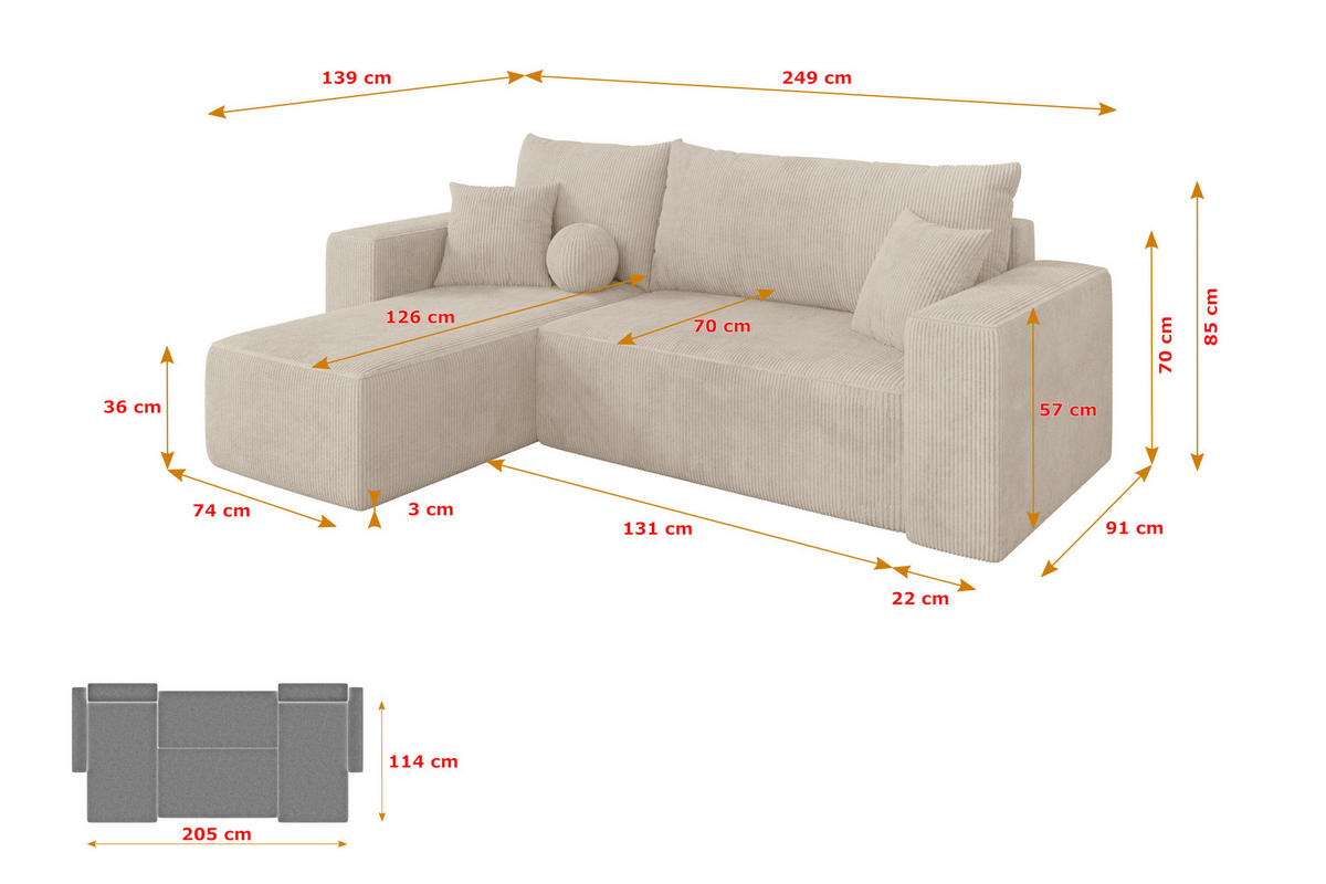ROHOVÁ SEDAČKA s funkcí spaní, otoman vlevo SENO-L 249x139x85 béžová manšestr - černá/béžová, kompozitní dřevo/textil (249/139cm) - ALTDECOR
