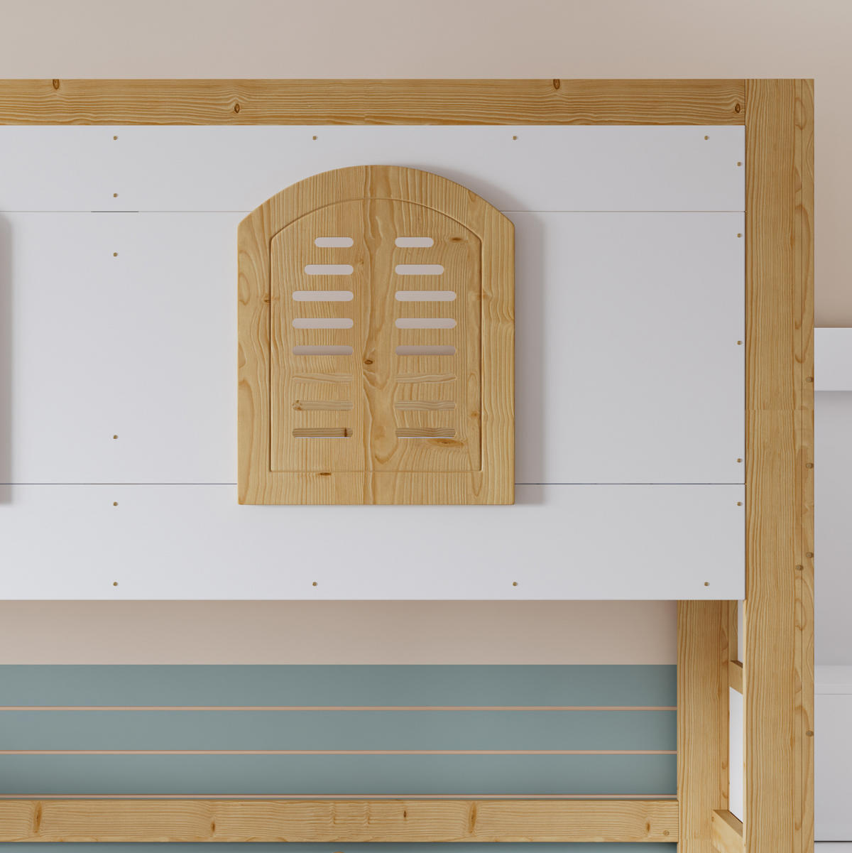 KINDERBETT Weiß und Natur Liegefläche 90/200 cm, Hochbett mit Treppenschrank, Spielfläche, Lattenrost - Naturfarben, Holz (90/200cm) - PANGIVO