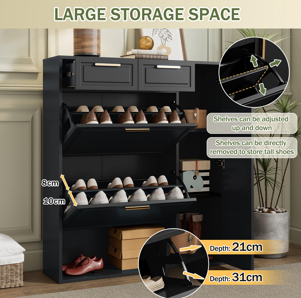 SCHUHSCHRANK 95/107/24 cm Schwarz aus Spanplatte mit verstellbaren Regalböden - Schwarz, Holzwerkstoff (95/107/24cm) - OKMYHOME
