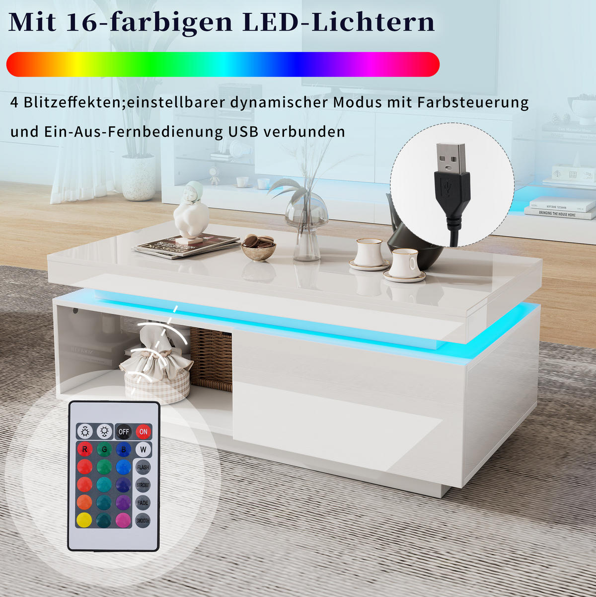 LOWBOARD 181/38/38 cm und 100/50/40.3 cm Weiß aus Spanplatte mit LED-Beleuchtung - Weiß, Holzwerkstoff (50/40/100cm) - OKMYHOME