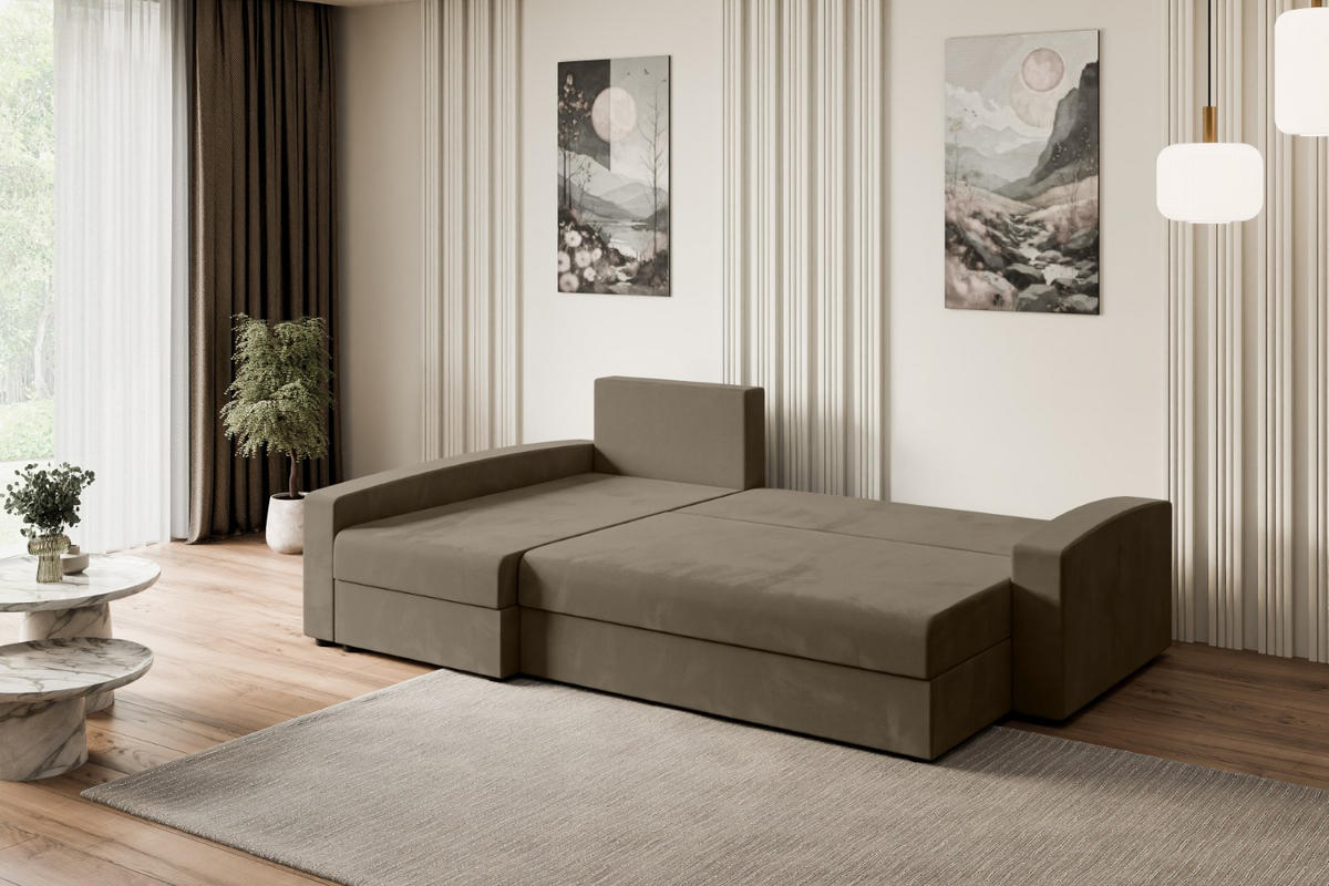 ECKSOFA mit Schlaffunktion und Bettkasten ALESIA-L 231x140x90 cm Braun Velours - Silberfarben/Braun, Holzwerkstoff/Kunststoff (231/140cm) - ALTDECOR