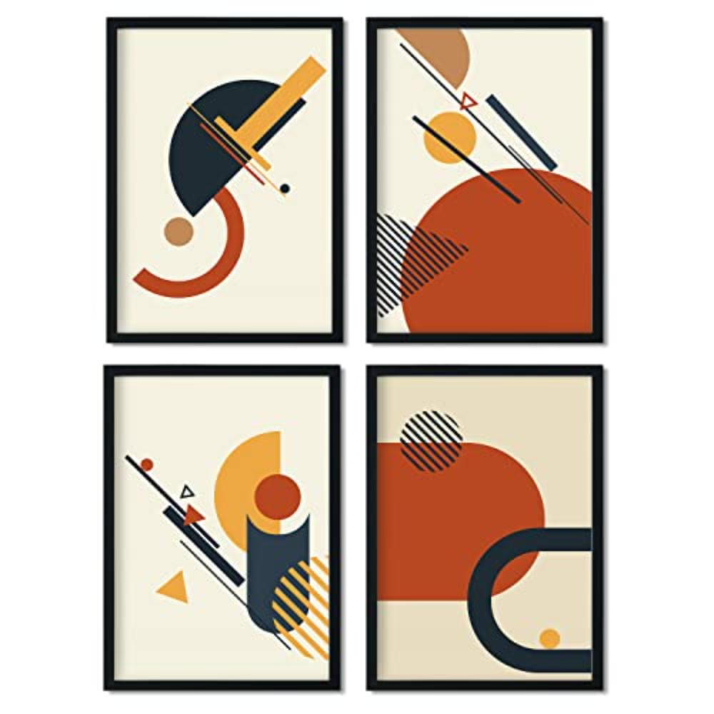 POSTER Set mit 4 Senf, mit farbigen Motiven abstrakten Konstruktivismus A3 Schwarzer Rahmen - Schwarz, Papier (29.7/3cm) - Nacnic
