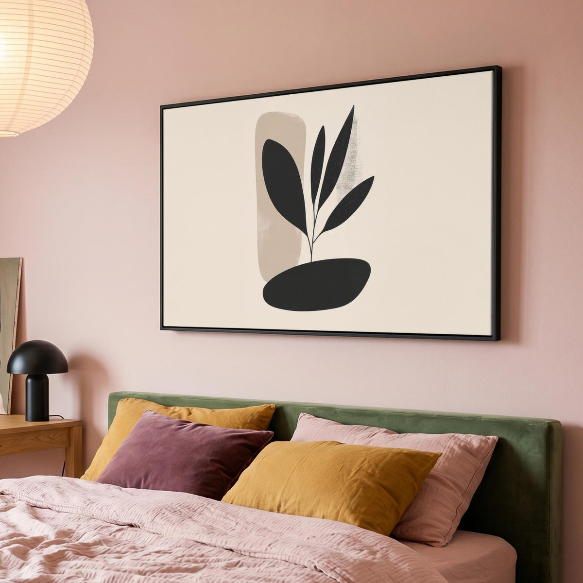 LEINWAND Bilder mit Rahmen - Pflanze - Beige - Japanisch - 120x80 - Schwarz, Textil (120/80cm) - MuchoWow