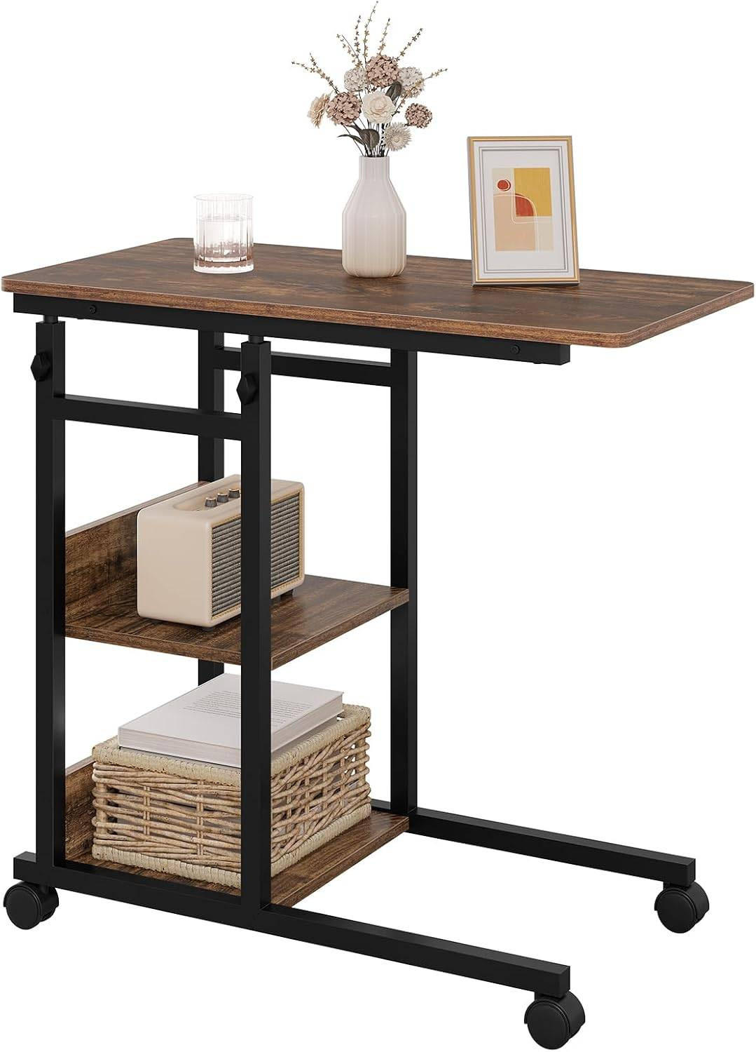 BEISTELLTISCH C Form, mit Rollen, Vintage-Holzoptik - Dunkelbraun/Schwarz, Holzwerkstoff/Metall (40/80/76cm) - Woltu