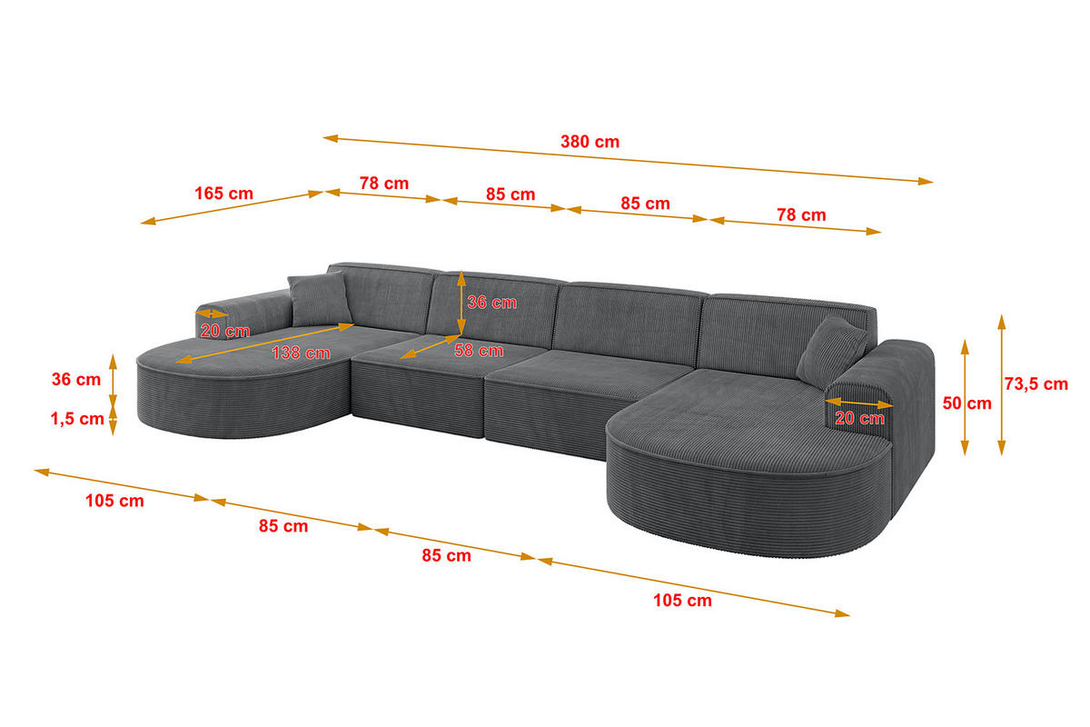 WOHNLANDSCHAFT MARI-U2 - 380x163x73,5 cm Dunkelgrau Cord - Dunkelgrau/Schwarz, Holzwerkstoff/Kunststoff (380/73.5/163cm) - ALTDECOR