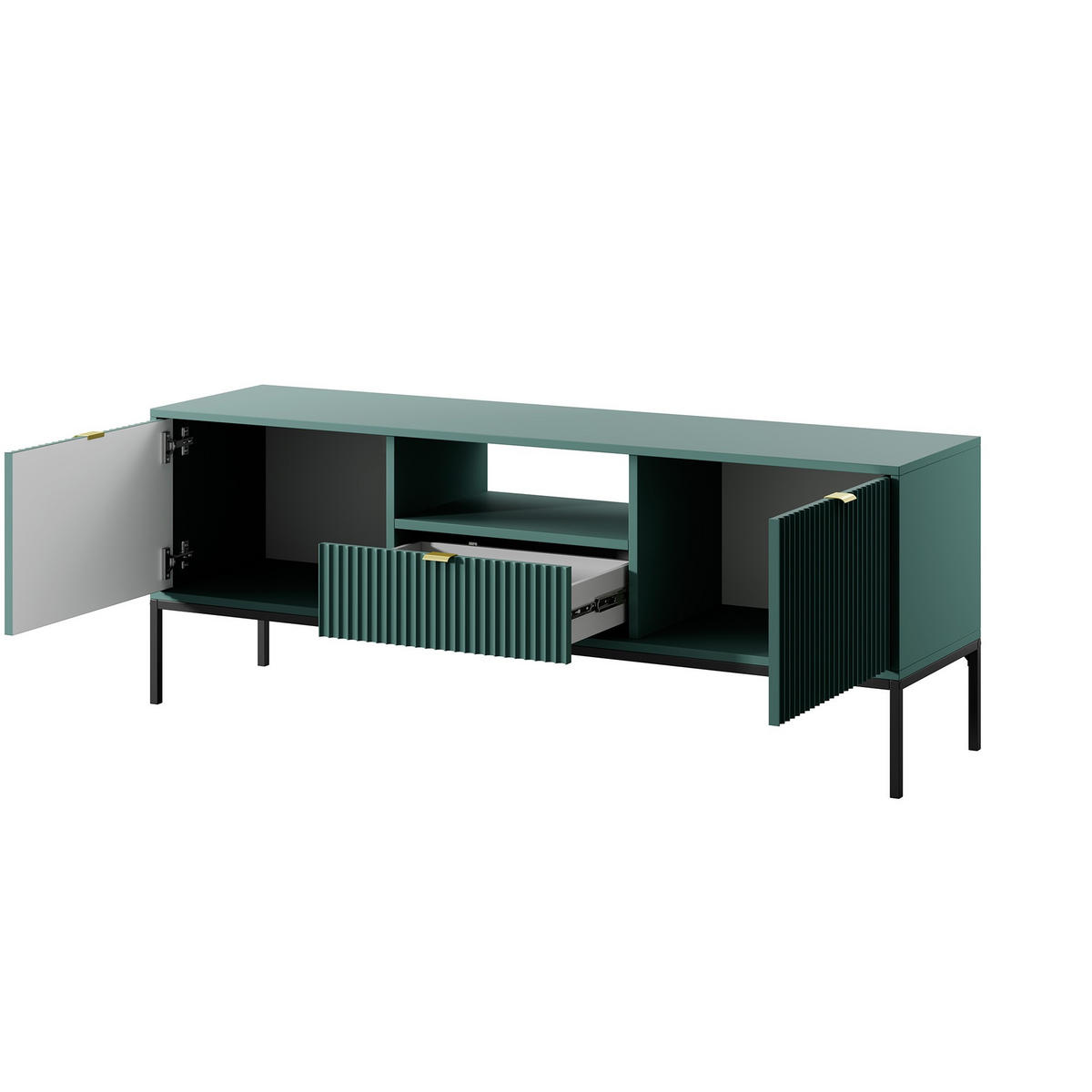 TV-SCHRANK Nova Grün, Schwarze Beine und Goldene Griffe, zweitüriger TV-Tisch - Goldfarben/Schwarz, Holzwerkstoff/Metall (154/56/39cm) - Bettso