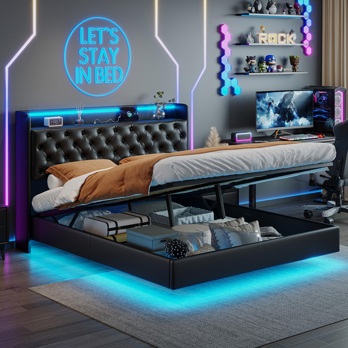 POLSTERBETT 160x200 cm Schwarz PU LED USB Stauraum - Schwarz, Metall (160/200cm) - SHOPENTRA
