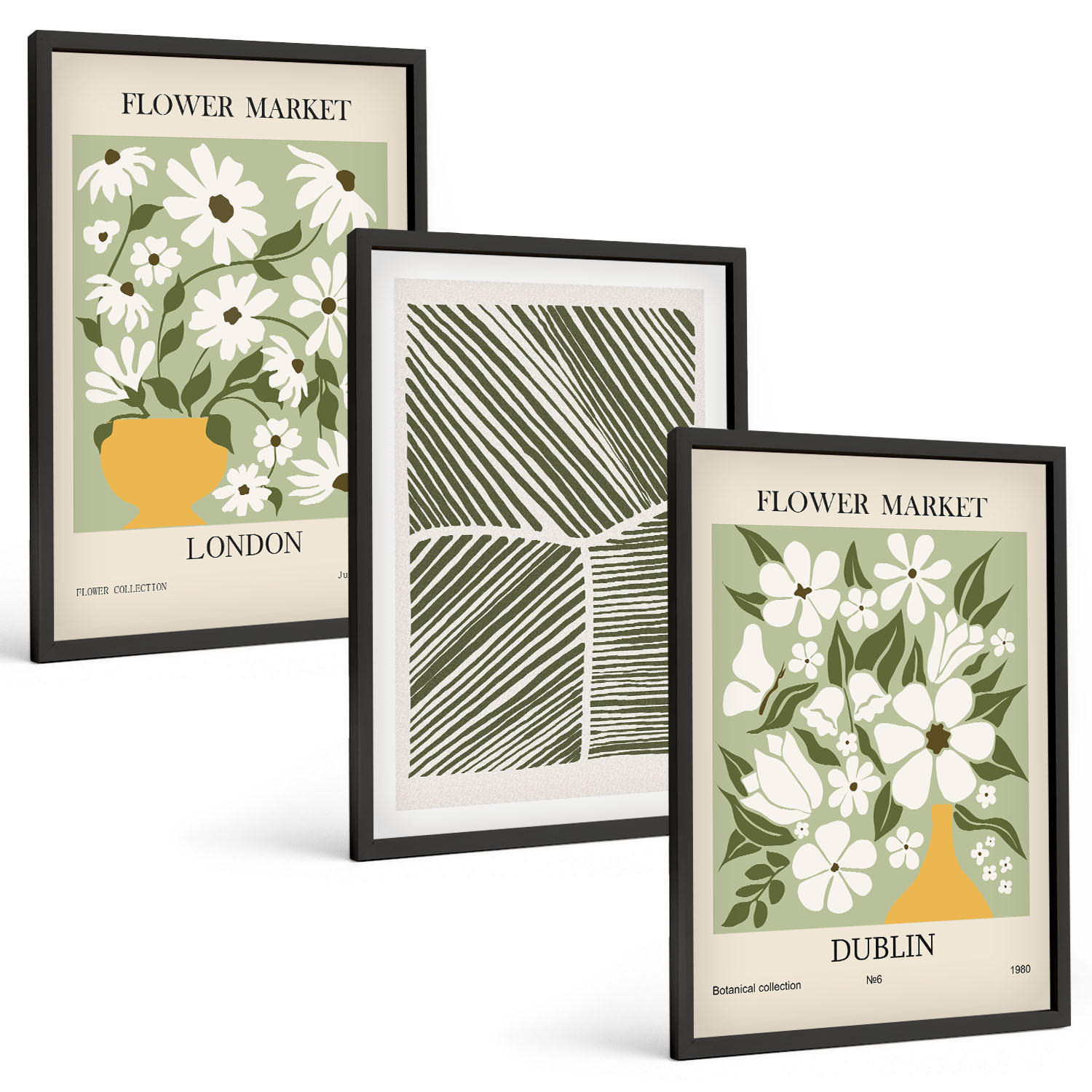 BILDER SET 3er Set - 40x60 cm Schwarzer Rahmen - Blumenmuster London Dublin - Schwarz, Kunststoff (40/60cm) - TULUP