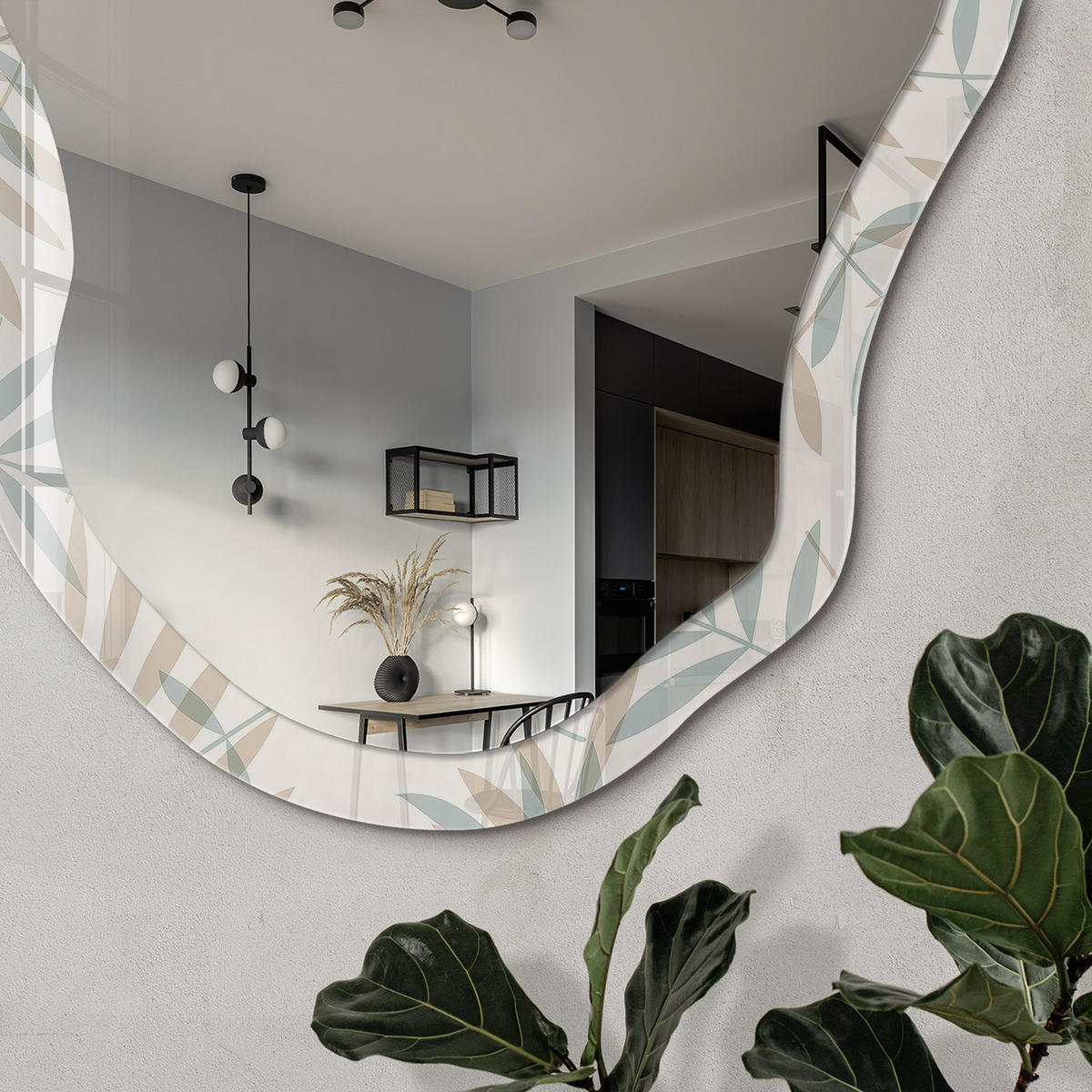 SPIEGEL 90x45 cm asymmetrisch mit Druck - Pflanzenmuster - Transparent, Glas (45/90/0.4cm) - TULUP