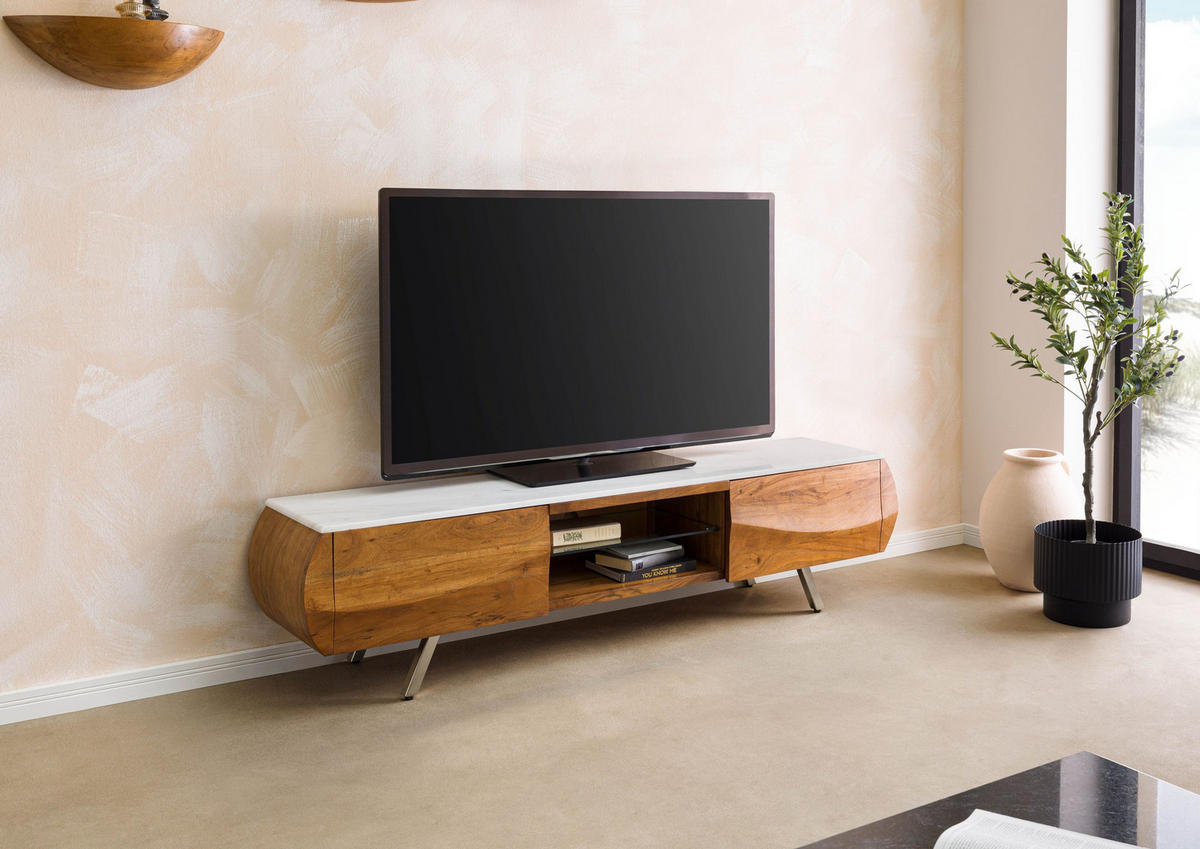 TV-BOARD Akazie 184x40x45 natur lackiert / Marmor weiß MONTREAL #122 - Naturfarben, Holz (184/45/40cm) - Massivmoebel24