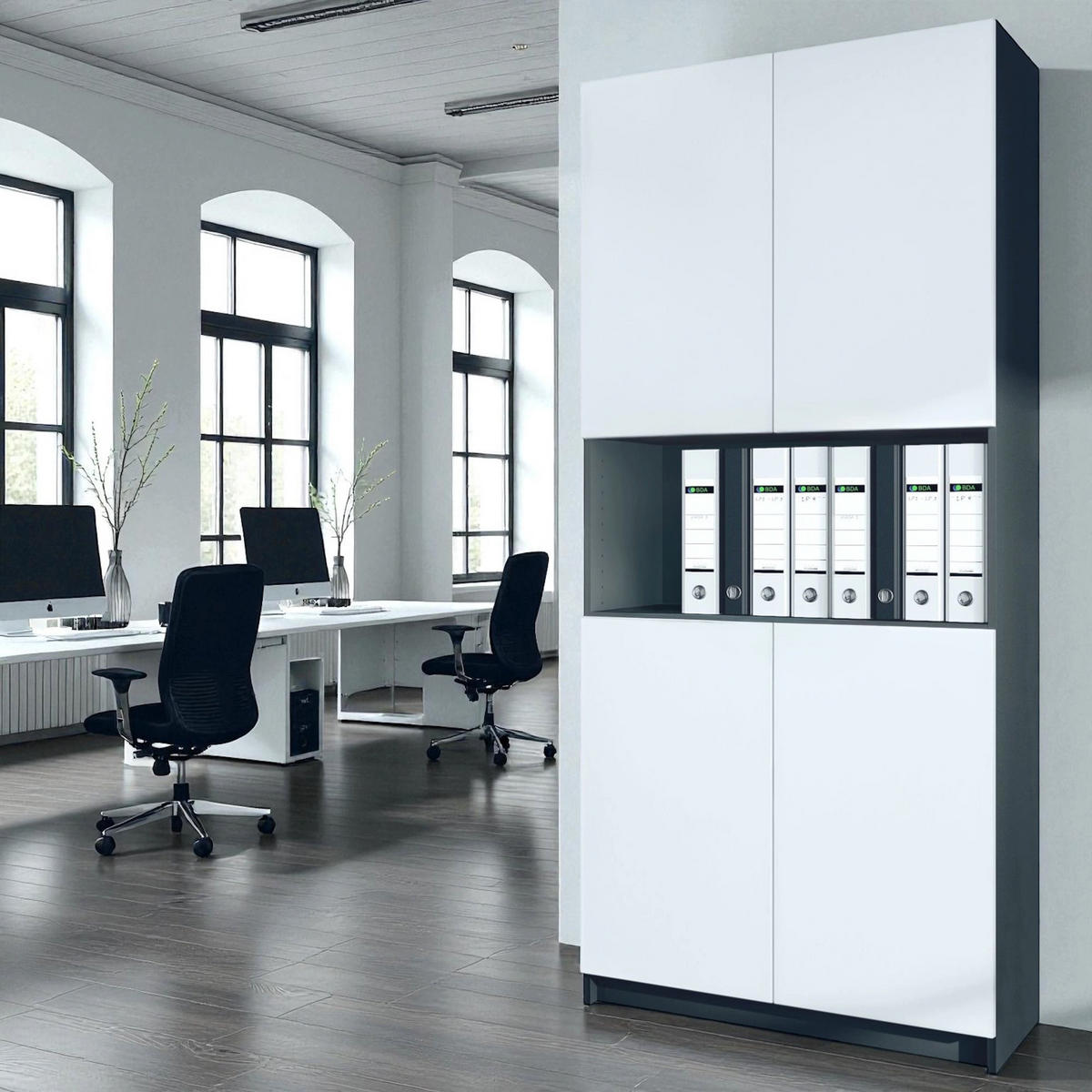 AKTENSCHRANK Elona M2, Büroschrank mit Soft-Close & Push-to-Open, Schwarz/Weiß matt (82 x 184 x 37 cm) - Weiß, Holzwerkstoff (82/184/37cm) - InnoFurn