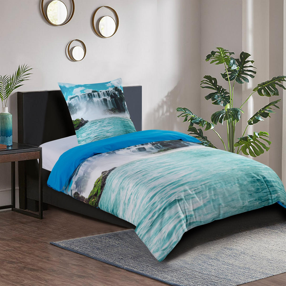 BETTWÄSCHE 4-teilig Wasserfall - Blau, Naturmaterialien (135/200cm) - Sanilo