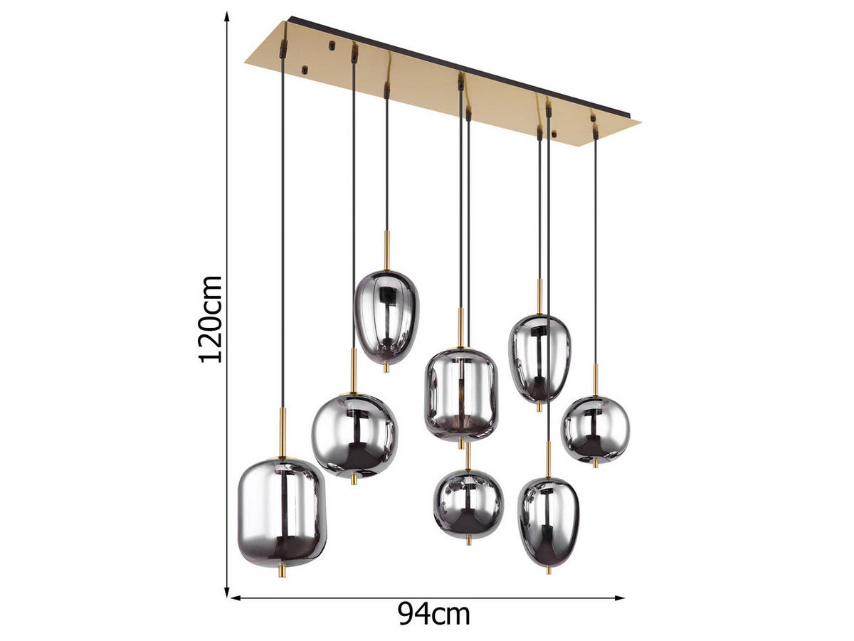 LED-PENDELLEUCHTE Messing Breite 94cm, Glaskugeln Rauchglas - Messingfarben/Schwarz, Glas/Metall (34/94/120cm) - meineWunschleuchte