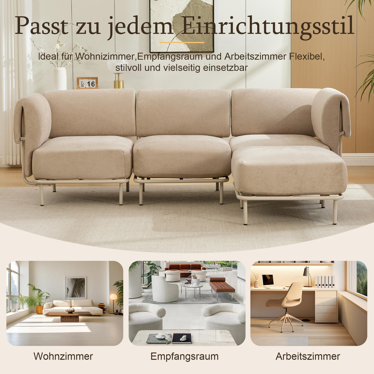 ECKSOFA 251/155/78 cm Khaki Chenille mit 1 Fußhocker - Kaschmir/Olivgrün, Textil (155/251cm) - Oxeza