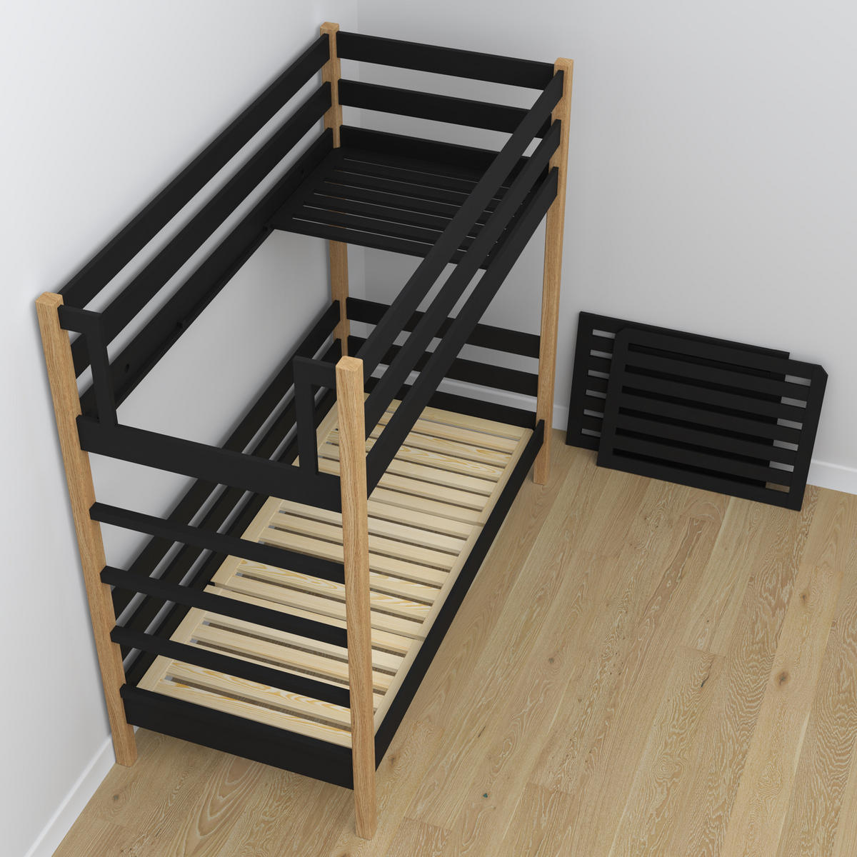 ETAGENBETT N03 Schwarz / Eiche Natur 100/200 - Schwarz/Eiche Artisan, Naturmaterialien/Holz (100/200cm) - N-Wood