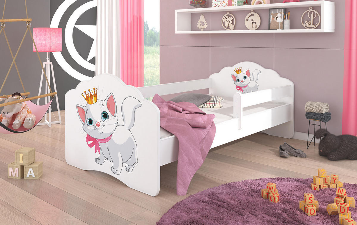 KINDERBETT Casimo weiß / Motiv Katze 88 / 164 / 63cm - Pink/Weiß, Holz/Holzwerkstoff (80/160cm) - Feldmann-Wohnen