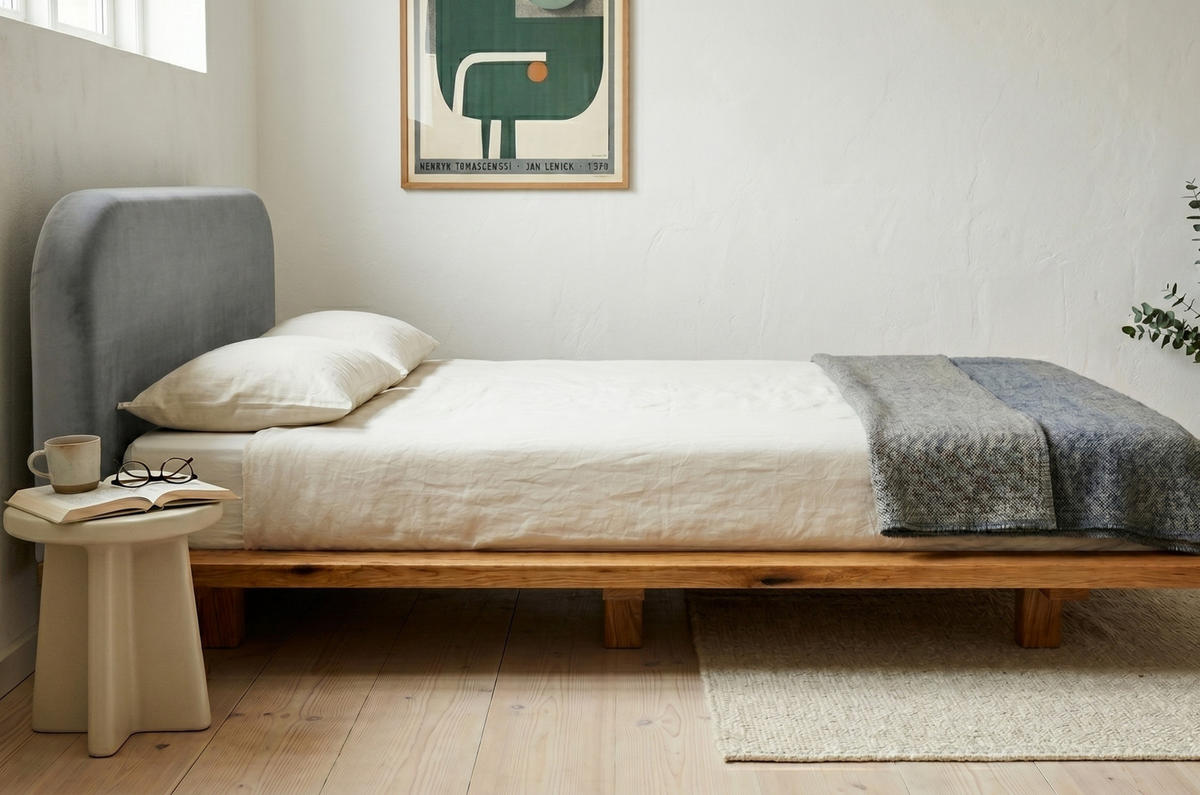 MASSIVHOLZBETT Eyko BORA, 140/200, Wildeiche - lackiert, Samt-Kopfteil Grau - Eichefarben/Grau, Holz/Textil (140/200cm)