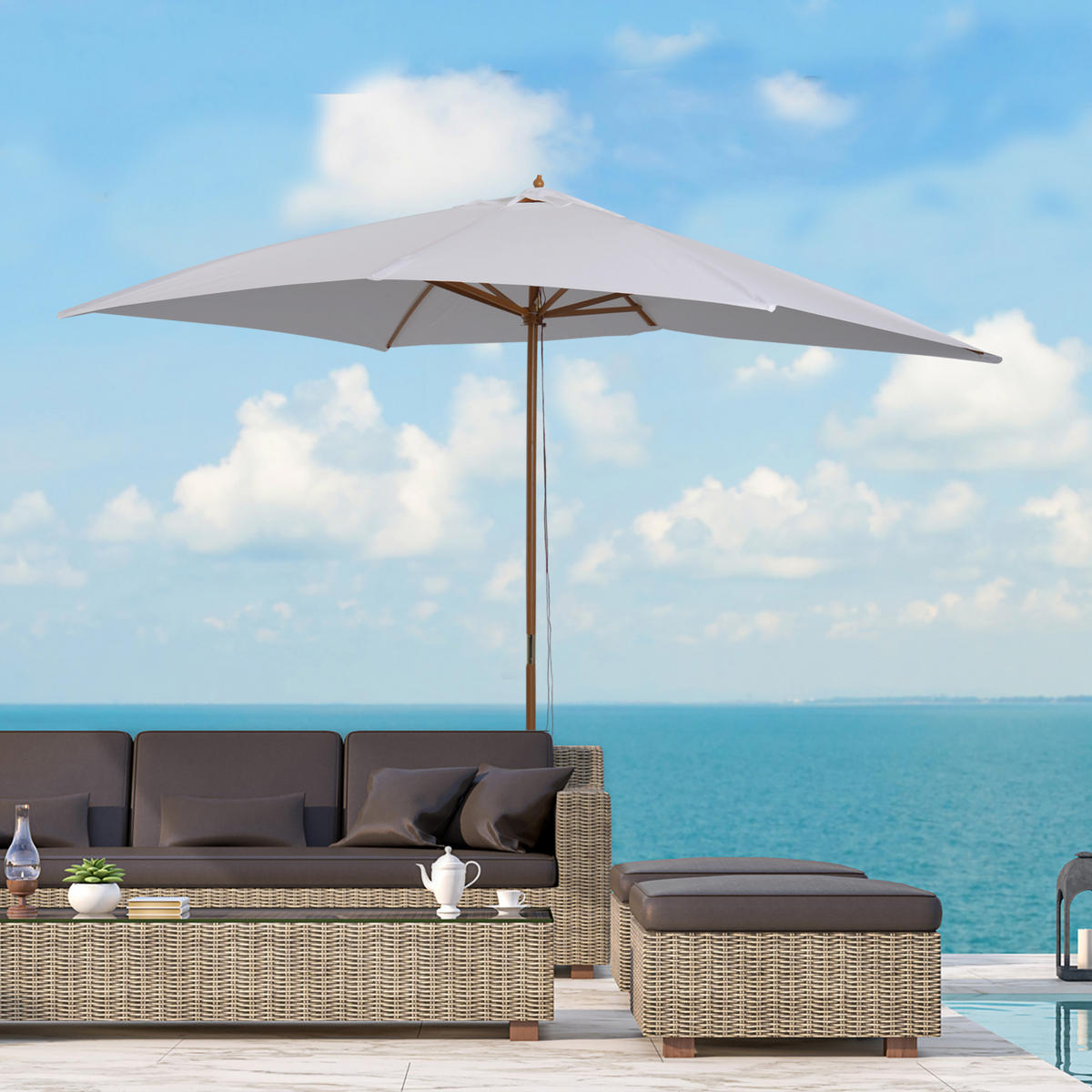 SONNENSCHIRM DE-11385 rechteckig, Holz, 3 x 2 m Weiß - Weiß, Holzwerkstoff (200/295cm) - ComfortXL
