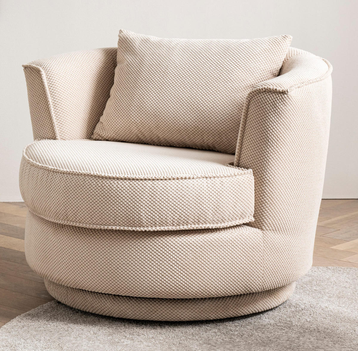 DREHSESSEL wollweiß Web-Velours, Sessel 360° drehbar inklusive Kissen - Creme/Weiß, Kunststoff/Textil (95/77/95cm)