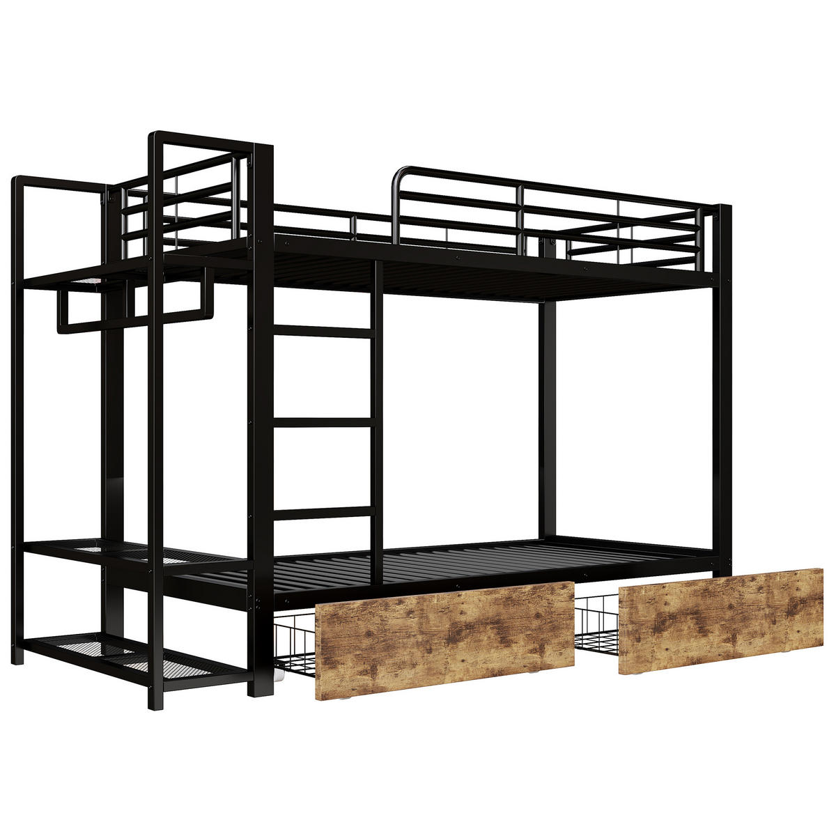 ETAGENBETT 90/200 cm Schwarz mit LED-Lichtleiste, Kleiderstange, 2 Schubladen und mehrere Ablageflächen - Schwarz, Metall (90/200cm) - Oxeza