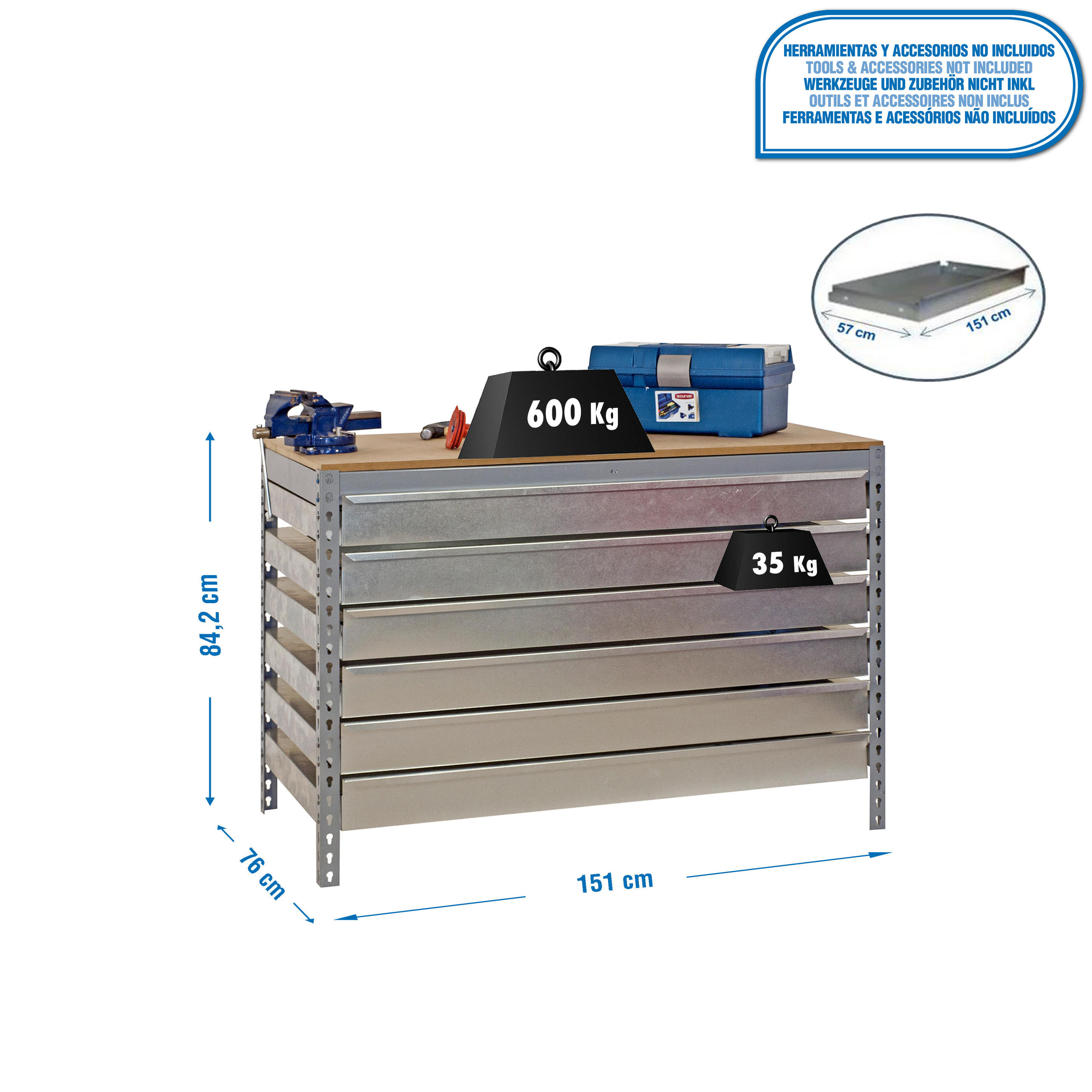 WERKBANK BUFFALO mit Schubfächern | HxBxT 84x150x76cm | Traglast 600kg | Grau - Grau, Metall (150/84/76cm) - PROREGAL