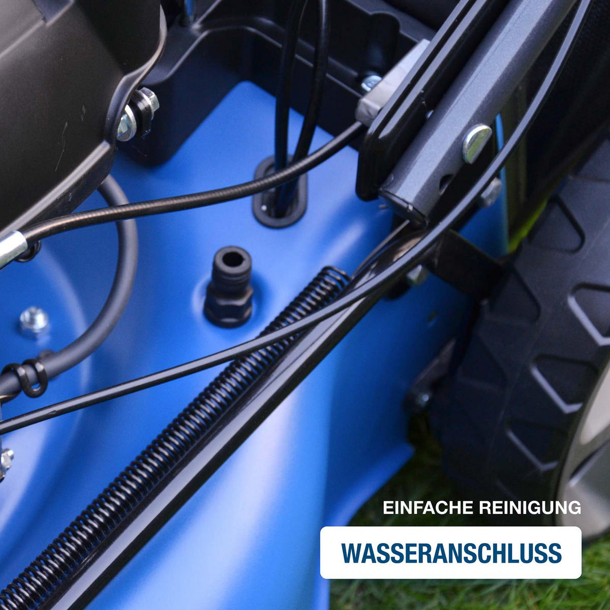 BENZIN-RASENMÄHER LM4623G ES (Mäher/Mulcher mit Radantrieb & E-Start, 3.9 PS Hyundai Motor) - Blau, Metall (52.8/105/138.3cm) - HYUNDAI