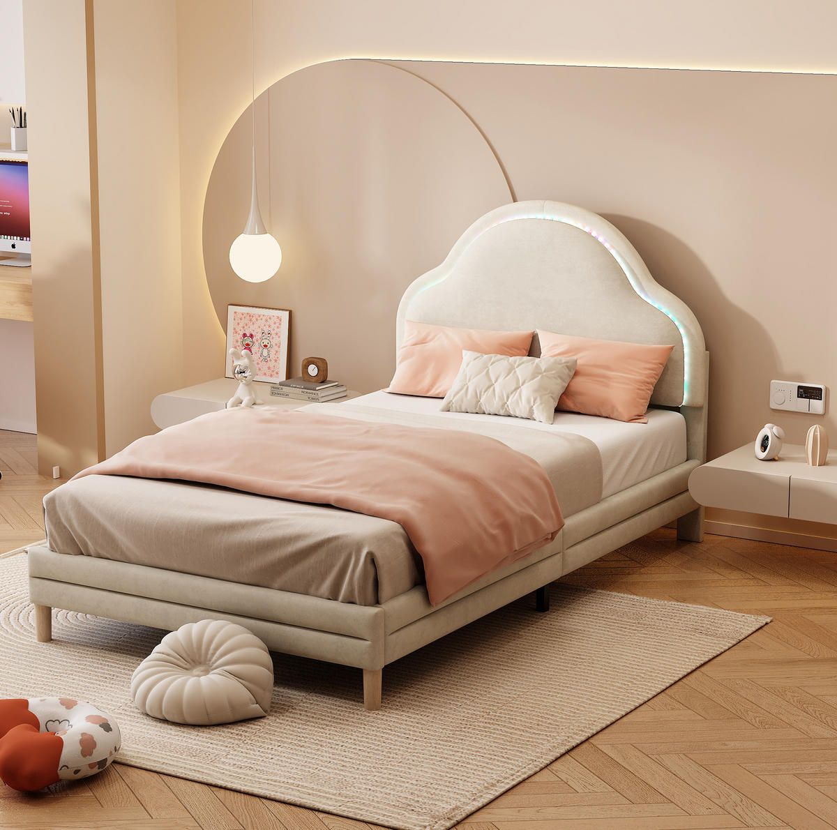 POLSTERBETT mit LED-Beleuchtung 90/200 cm in Beige mit wolkenförmigem Kopfteil - Beige, Textil (90/200cm) - BEAOK