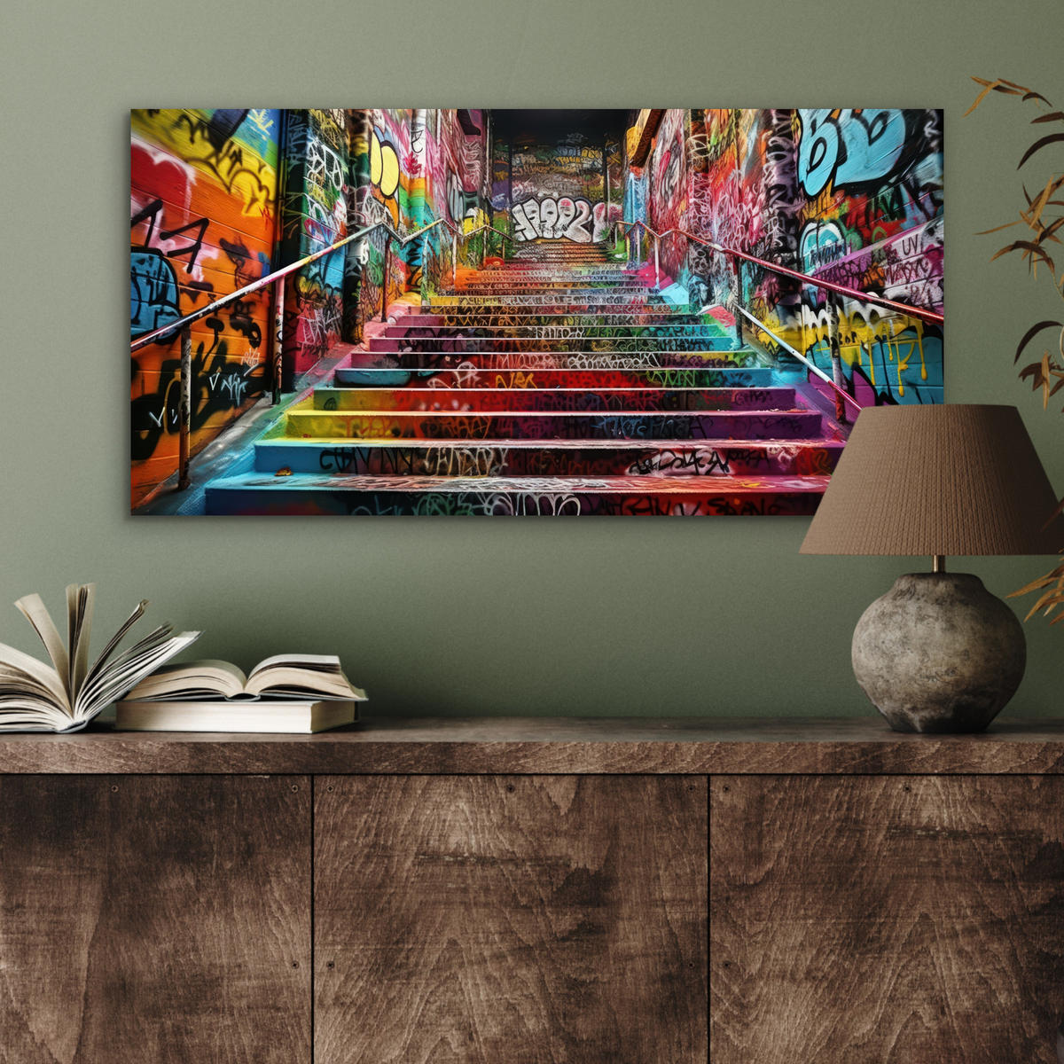 KOVOVÝ OBRAZ Schody - Graffiti - Farby - Umenie 80x40 cm - viacfarebná, kov (80/40cm) - MuchoWow
